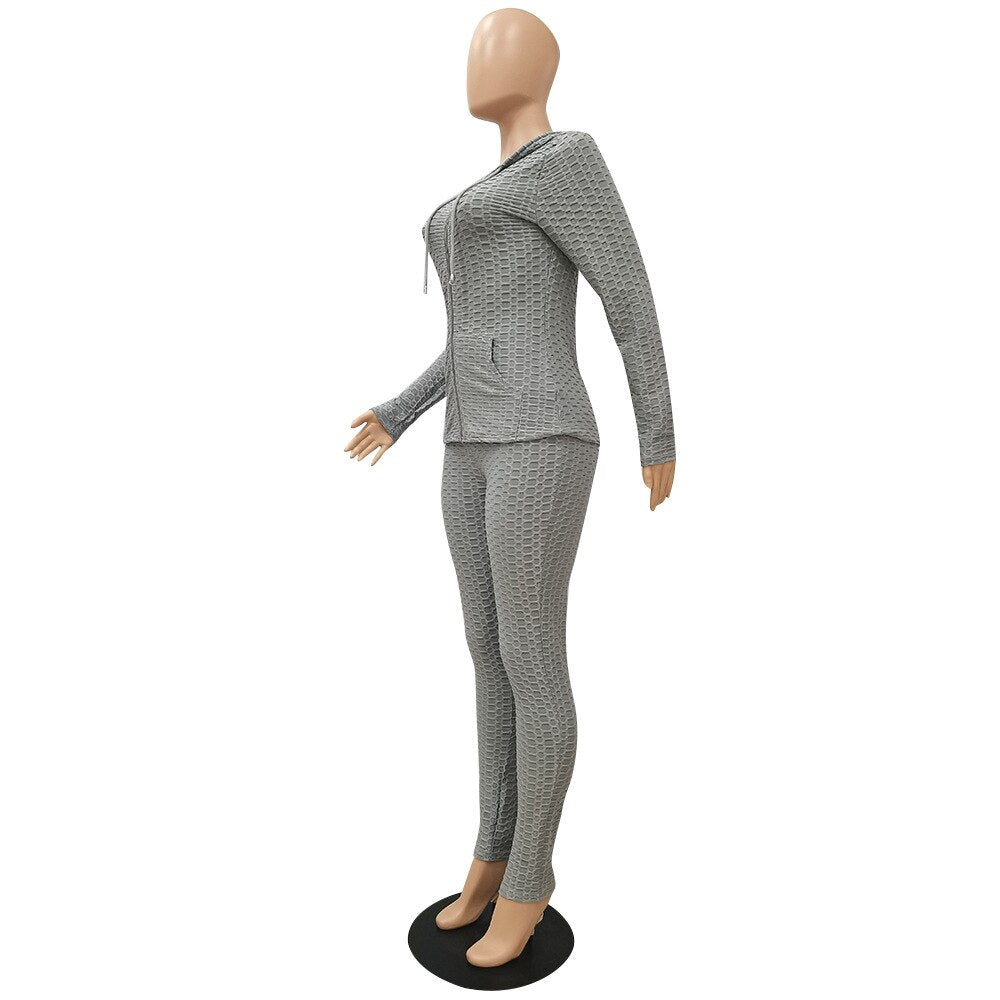 Sportswear Jacquard Hooded Set Gym Fitness Tracksuit Long Sleeve Zipper Hoodies Pencil Leggings Running Traning Outdoor Suit